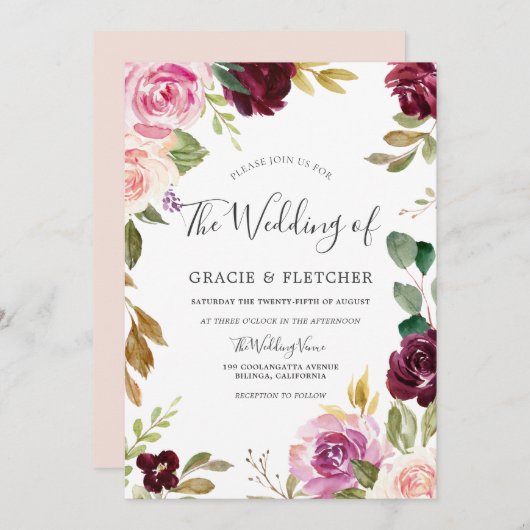 Blush Pink Peach Burgundy Blumenzeremonie Einladung (Vorne/Hinten)