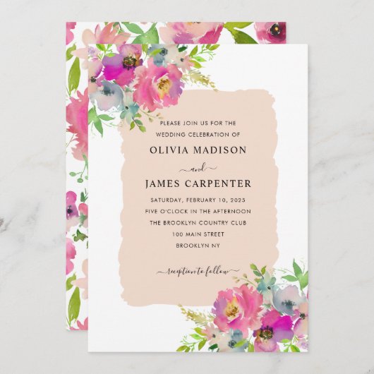 Blush Pink Peach Floral Botanischer Frühling Hochz Einladung (Vorne/Hinten)