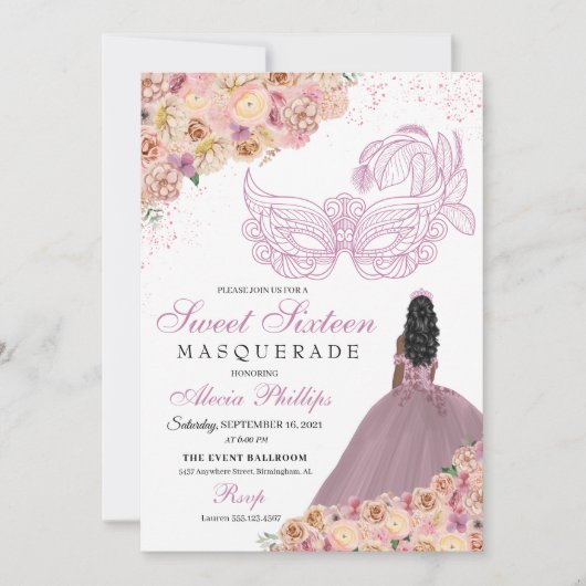 Blush Pink Peach Floral Masquera Geburtstag Einladung (Vorderseite)
