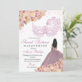 Blush Pink Peach Floral Masquera Geburtstag Einladung (Stehend Vorderseite)