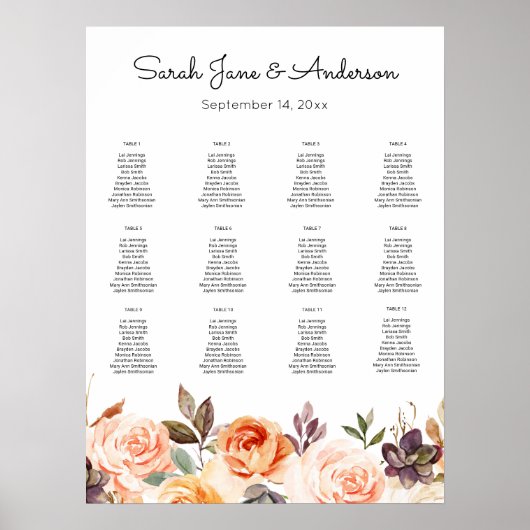 Blush Pink & Peach Floral Wedding Chart Poster (Vorne)