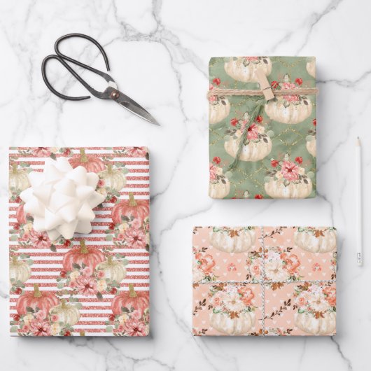 Blush Pink Peach Green Pumpkin Gaben Gefallen Geschenkpapier Set (Vorderseite)
