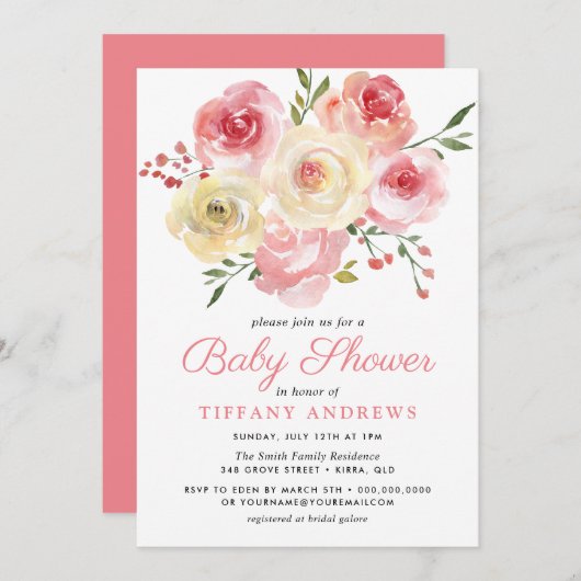 Blush Pink Peach Wassercolor Bloral Baby Dusche Einladung (Vorne/Hinten)