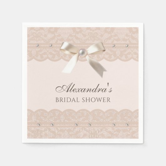 Blush Pink Pearls Satin Bow Lace Brautparty Serviette (Vorderseite)