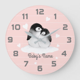Blush Pink Penguins Heart Nursery Decor Wall Clock Große Wanduhr