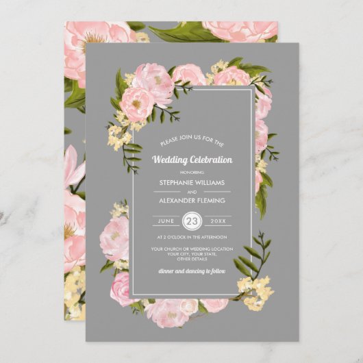 Blush Pink Peonies Gray Watercolor Wedding Einladung (Vorne/Hinten)