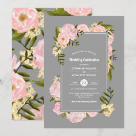 Blush Pink Peonies Gray Watercolor Wedding Einladung