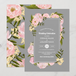 Blush Pink Peonies Gray Watercolor Wedding Einladung