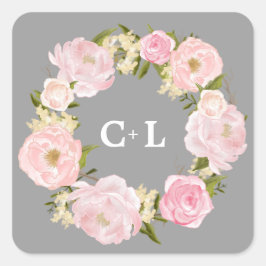 Blush Pink Peonies Monogram Wedding Quadratischer Aufkleber