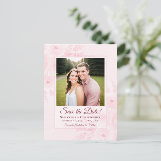 Blush Pink Peonies & Photo Wedding Save the Date Ankündigungspostkarte (Stehend Vorderseite)
