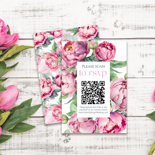 Blush Pink Peonies QR CODE Hochzeit RSVP Karte