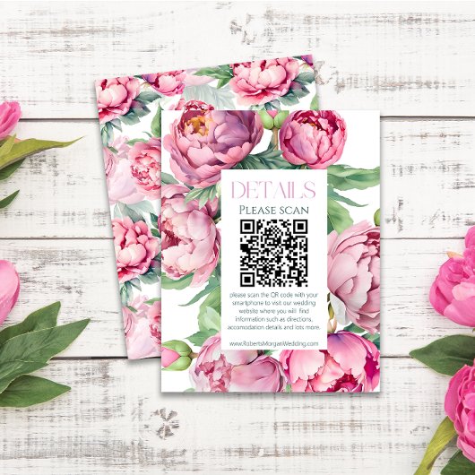 Blush Pink Peonies QR CODE Hochzeitsdetails Begleitkarte
