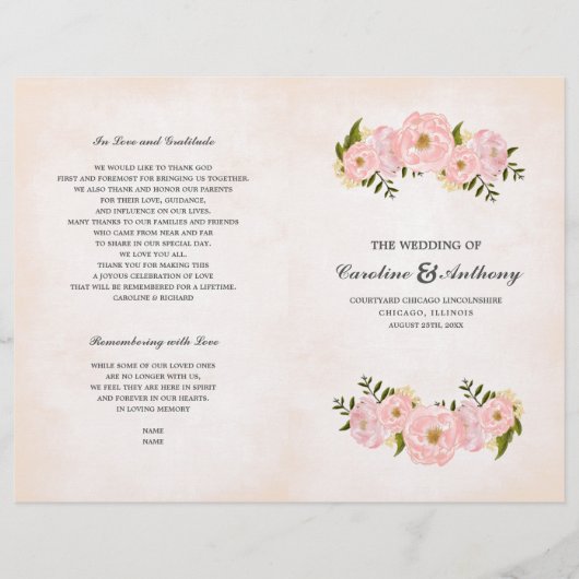 Blush Pink Peonies Watercolor Hochzeitsprogramme (Vorderseite)