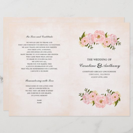Blush Pink Peonies Watercolor Hochzeitsprogramme (Vorne/Hinten)