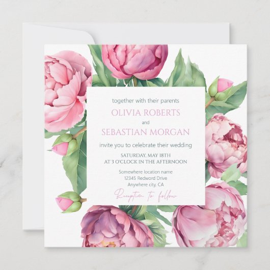 Blush Pink Peonies Watercolor Wedding Einladung (Vorderseite)