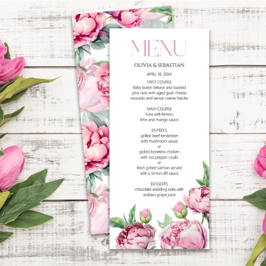 Blush Pink Peonies Watercolor Wedding Menükarte