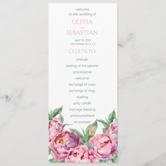 Blush Pink Peonies Watercolor Wedding Programm (Vorderseite)
