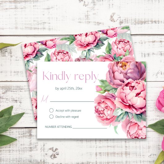 Blush Pink Peonies Watercolor Wedding RSVP Karte