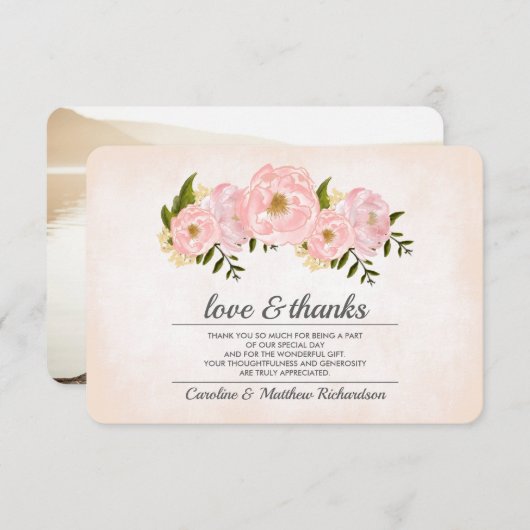 Blush Pink Peonies Wedding Danke Foto Card (Vorne/Hinten)