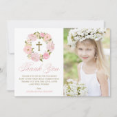 Blush Pink Peonies Wreath Erste Heilige Kommune Dankeskarte (Vorderseite)