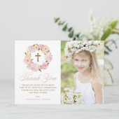 Blush Pink Peonies Wreath Erste Heilige Kommune Dankeskarte (Stehend Vorderseite)