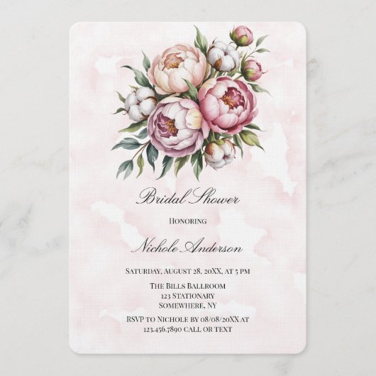 Blush Pink Peony and Cotton Bridal Shower Einladung (Vorderseite)