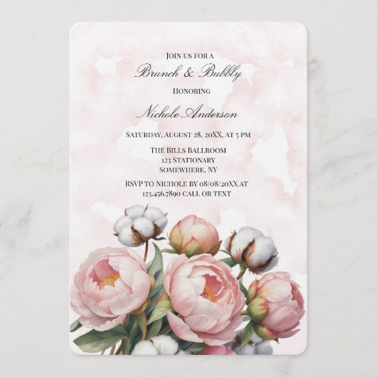 Blush Pink Peony and Cotton Brunch & Bubbly Einladung (Vorderseite)