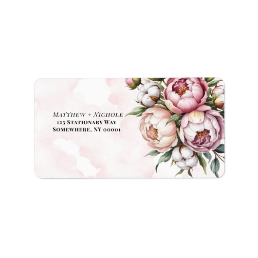 Blush Pink Peony and Cotton Wedding Address Adressaufkleber (Vorne)