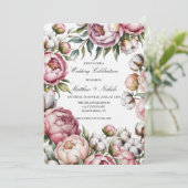 Blush Pink Peony and Cotton Wedding Celebration Einladung (Stehend Vorderseite)