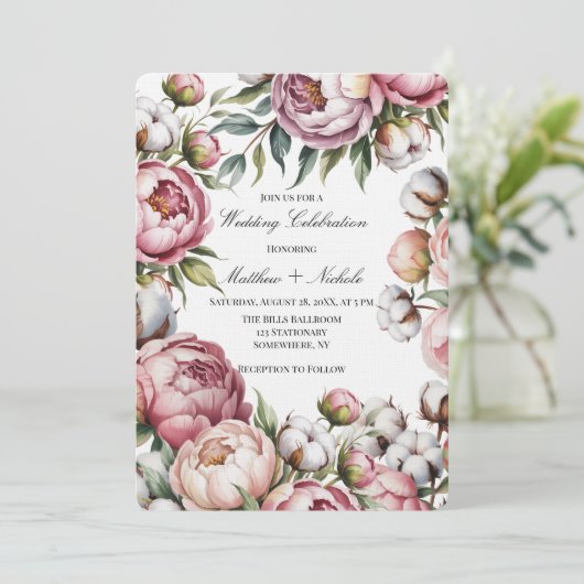 Blush Pink Peony and Cotton Wedding Celebration Einladung (Stehend Vorderseite)