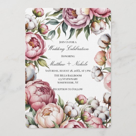 Blush Pink Peony and Cotton Wedding Celebration Einladung (Vorderseite)