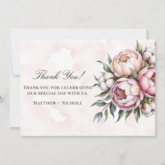 Blush Pink Peony and Cotton Wedding Dankeskarte (Vorderseite)