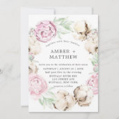 Blush Pink Peony and Cotton Wedding Einladungen (Vorderseite)