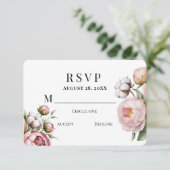 Blush Pink Peony and Cotton Wedding RSVP Karte (Stehend Vorderseite)