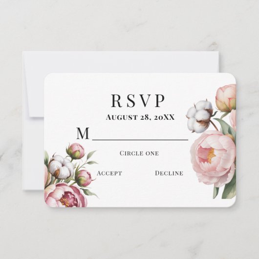 Blush Pink Peony and Cotton Wedding RSVP Karte (Vorderseite)