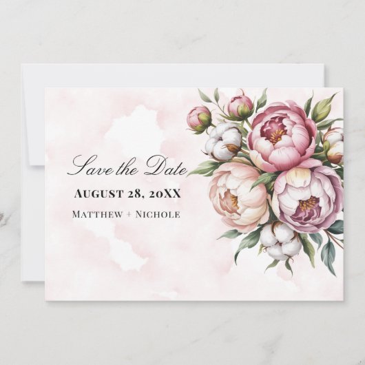 Blush Pink Peony and Cotton Wedding Save The Date (Vorderseite)