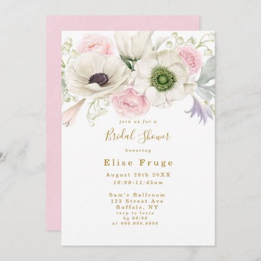 Blush Pink Peony Anemone Gold Brautparty Invit Einladung (Vorne/Hinten)