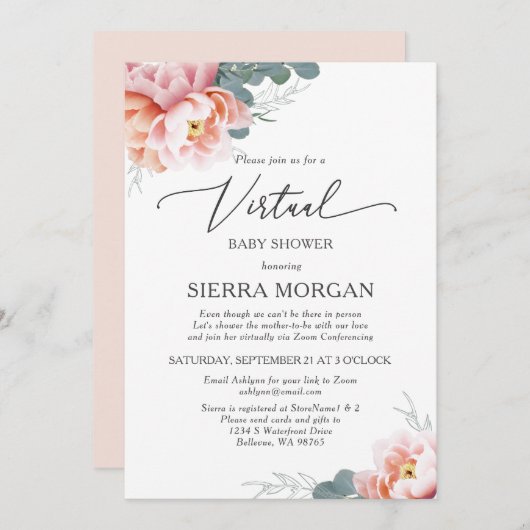 Blush Pink Peony Bloral Virtual Baby Dusche Einladung (Vorne/Hinten)