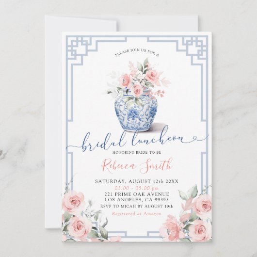 Blush Pink Peony Chinoiserie Bridal Luncheon Einladung (Vorderseite)