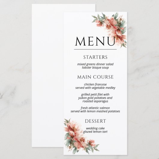 Blush Pink Peony Coral Elegant Dinner Wedding  Menükarte (Vorne/Hinten)