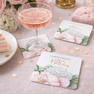 Blush Pink Peony Floral 21st Birthday  Rechteckiger Pappuntersetzer