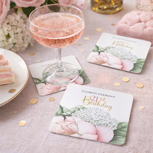 Blush Pink Peony Floral 21st Birthday  Rechteckiger Pappuntersetzer
