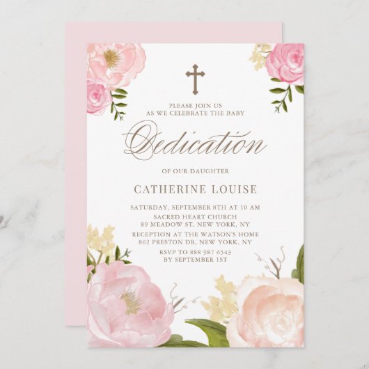 Blush Pink Peony Floral Baby Dedication Einladung (Vorne/Hinten)