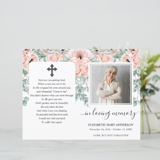 Blush Pink Peony Floral Foto Beerdigung Programm (Stehend Vorderseite)