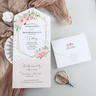 Blush Pink Peony Floral Geometric Wedding All In One Einladung