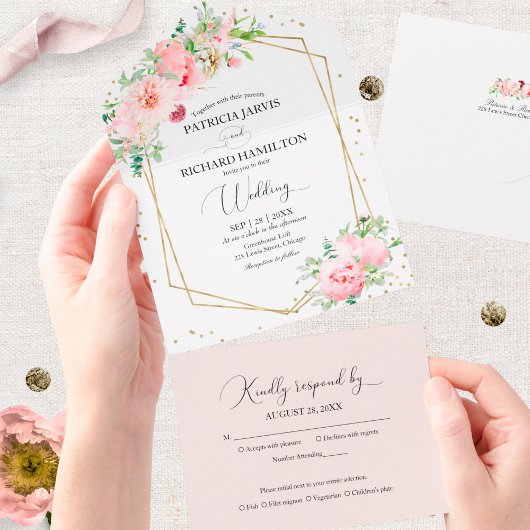 Blush Pink Peony Floral Geometric Wedding All In One Einladung