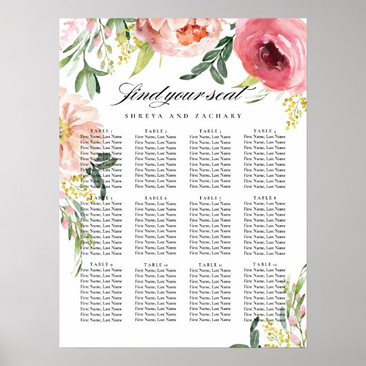 Blush Pink Peony Floral Hochzeitsdiagramm Poster (Vorne)
