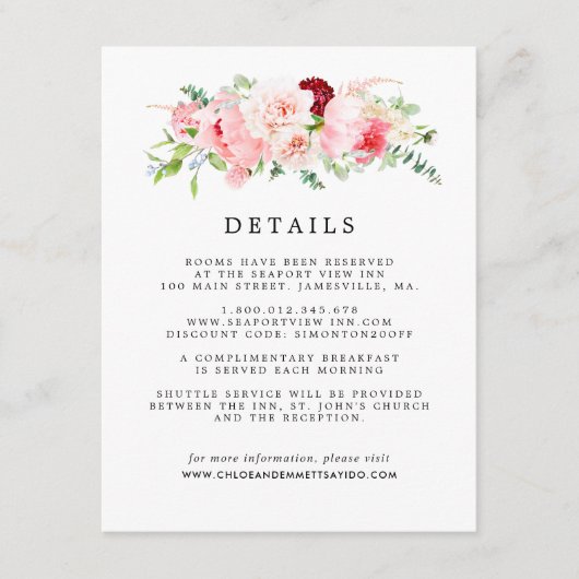 Blush Pink Peony Floral Wedding Details Begleitkarte (Vorderseite)