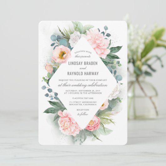 Blush Pink Peony Frame Floral Wasserfarbe Hochzeit Einladung (Stehend Vorderseite)