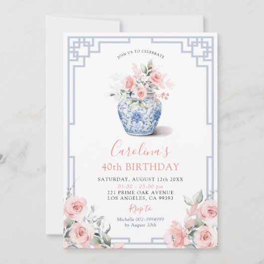 Blush Pink Peony Ginger Jar Chinoiserie Birthday Einladung (Vorderseite)